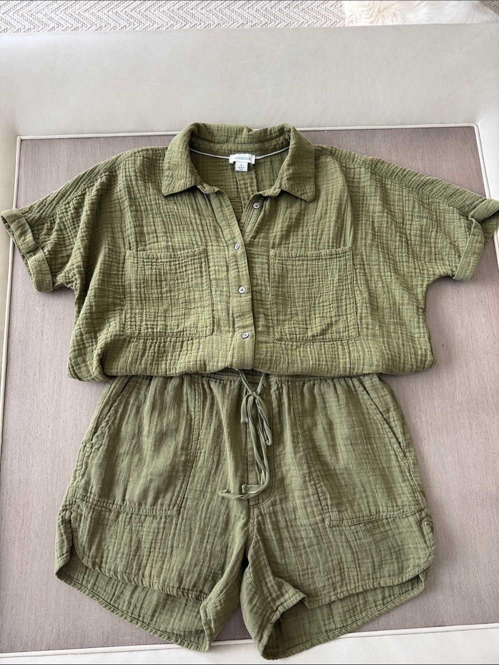 Sundance Olive Green Cotton Gauze Button Romper Set